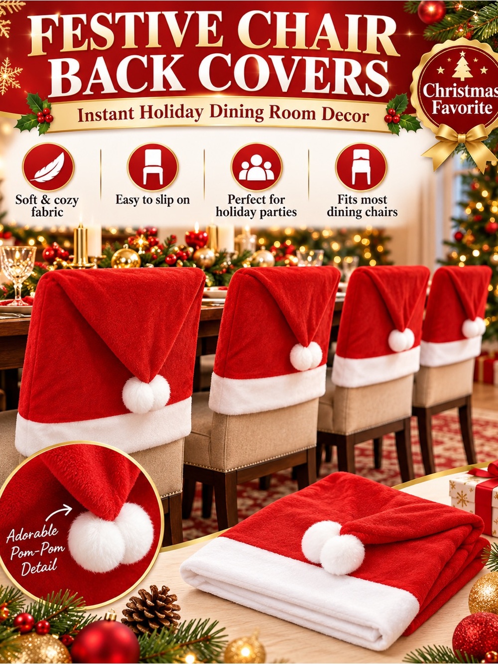 Festive Red Santa Hat Chair Back Covers by